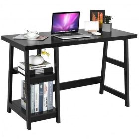 Wooden Trestle Computer Desk with 2-Tier Removable Shelves-Black - Color: Black