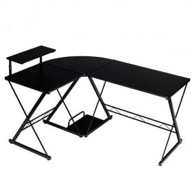 L-Shaped Desk Reversible Corner Computer Desk with Movable Shelf and CPU Stand-Black - Color: Black