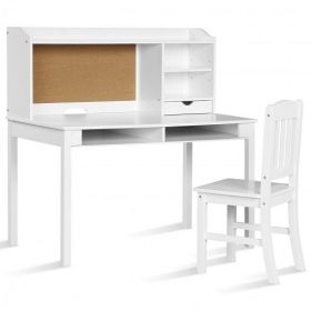 Kids Desk and Chair Set Study Writing Desk with Hutch and Bookshelves-White - Color: White