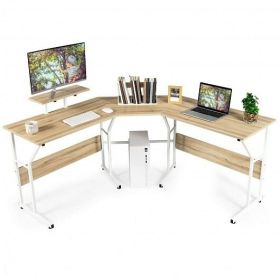 88.5 Inch L Shaped Reversible Computer Desk Table with Monitor Stand-Oak - Color: Natural