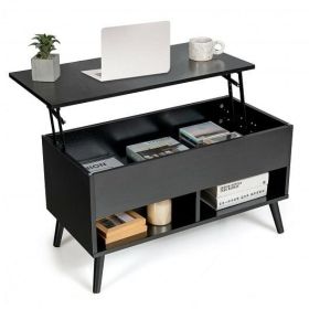 31.5 Inch Lift Top Coffee Table with Hidden Compartment and 2 Storage Shelves-Black - Color: Black