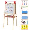Kids Wooden Art Easel Double-Sided Whiteboard and Chalkboard Adjustable Standing Easel with Paper Roll Holder