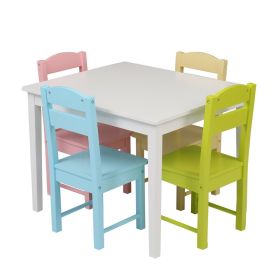 Kids Wooden Table and 4 Chair Set, 5 Pieces Set Includes 4 Chairs and 1 Activity Table, Toddler Table for 3-7 Years, Playroom Furniture, Picnic Table (Color: White & Pastel)
