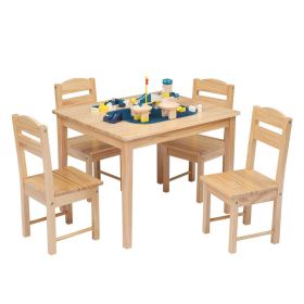 Kids Wooden Table and 4 Chair Set, 5 Pieces Set Includes 4 Chairs and 1 Activity Table, Toddler Table for 3-7 Years, Playroom Furniture, Picnic Table (Color: Natural)